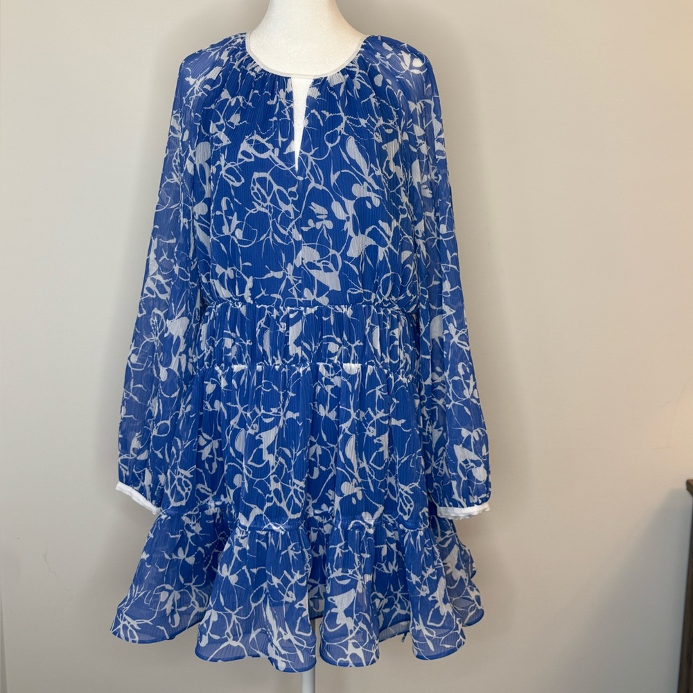 Jonathan Simkhai Blue Floral Harlow Tiered Long-Sleeve Mini Dress - Picture 5 of 6